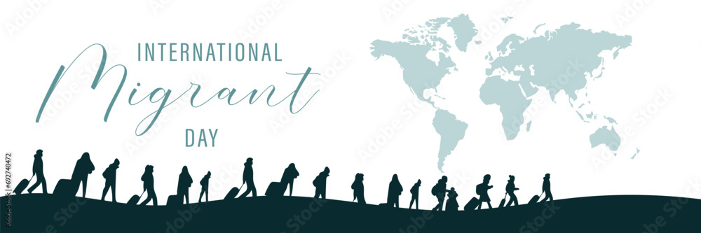 Banner for International Day of Migrants with silhouettes of many people and world map