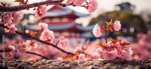 the beautiful blooming cherry tree in front of the beautiful pagoda