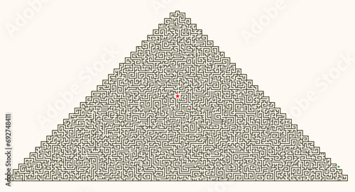 Pyramid (Triangle) shaped labyrinth (maze) design. Vector graphic illustration of maze (labyrinth) game with difficult exit.