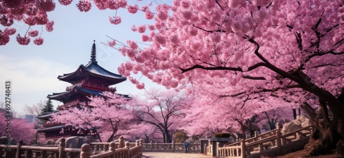the beautiful blooming cherry tree in front of the beautiful pagoda