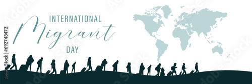 Banner for International Day of Migrants with silhouettes of many people and world map