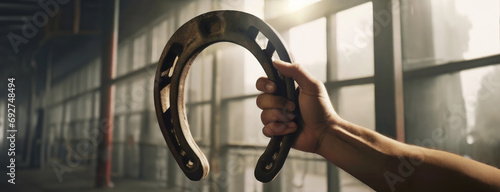 Gripped firmly in hand, the horseshoe emerges as a symbol of luck against the workshop's stark backdrop. photo