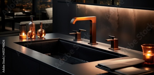 three black faucets on a black sink