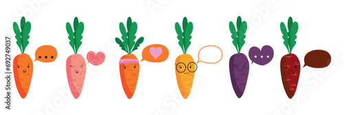 Set of funny carrots with speech bubbles on white background