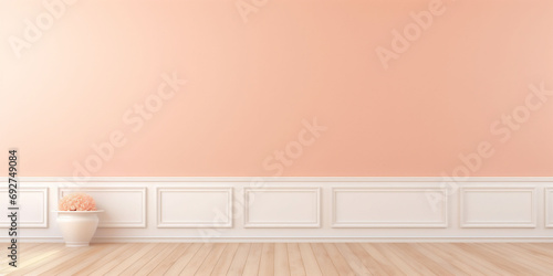 A banner with a peach fuzz color room with baroque stile walls with a white part at the bottom and a beige wood floor with one aesthetic flower pot. Copy space. Background for text.