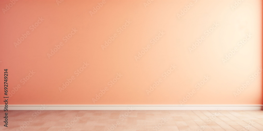 A banner with a gradient peach fuzz color room wall and a beige wood floor. Copy space. Background for text. A banner with a gradient peach fuzz color room wall and a beige wood floor. Copy space. Background for text.