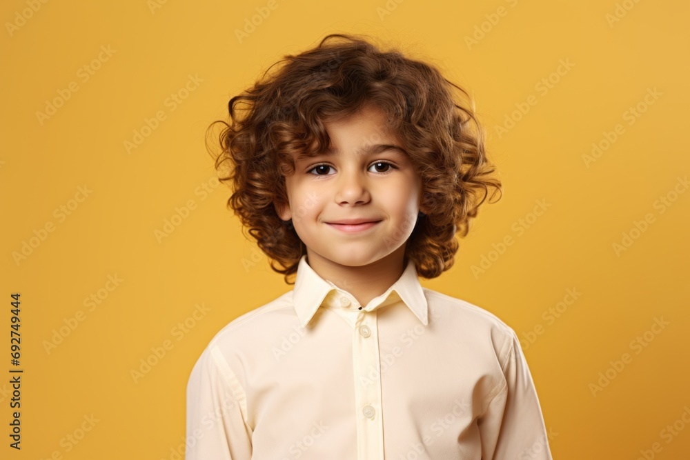 Portrait of a cute little boy with curly hair on yellow background Portrait of a cute little boy with curly hair on yellow background