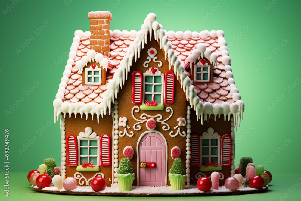 A charming gingerbread house adorned with candies on a bright lime green background.