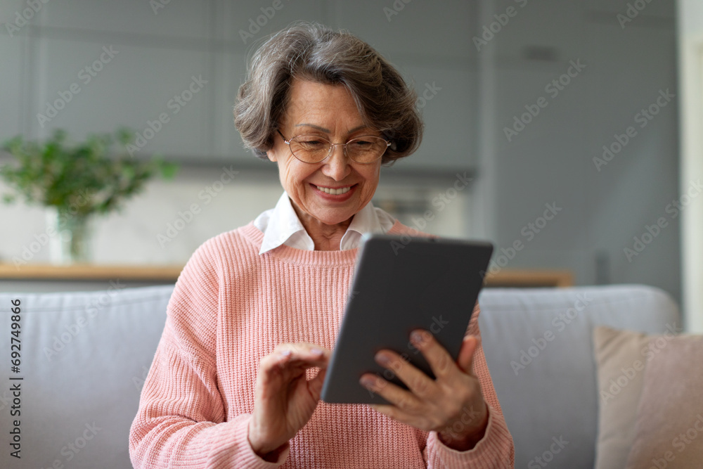 Happy european senior woman holding digital tablet, websurfing on portable computer, relaxing on couch at modern home interior Happy european senior woman holding digital tablet, websurfing on portable computer, relaxing on couch at modern home interior