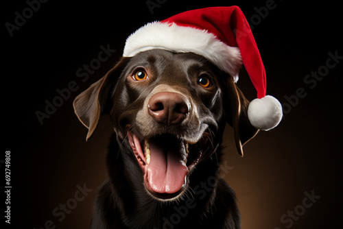 A playful Labrador in a festive Santa hat, ready for holiday fun on a bright red background.