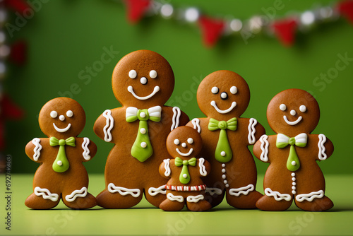 A charming gingerbread family with icing details, bringing sweetness to a bright lime green backdrop. © Daria