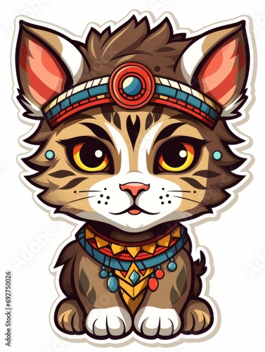 Cartoon sticker sweet kitten dressed in Native Americans costume, AI