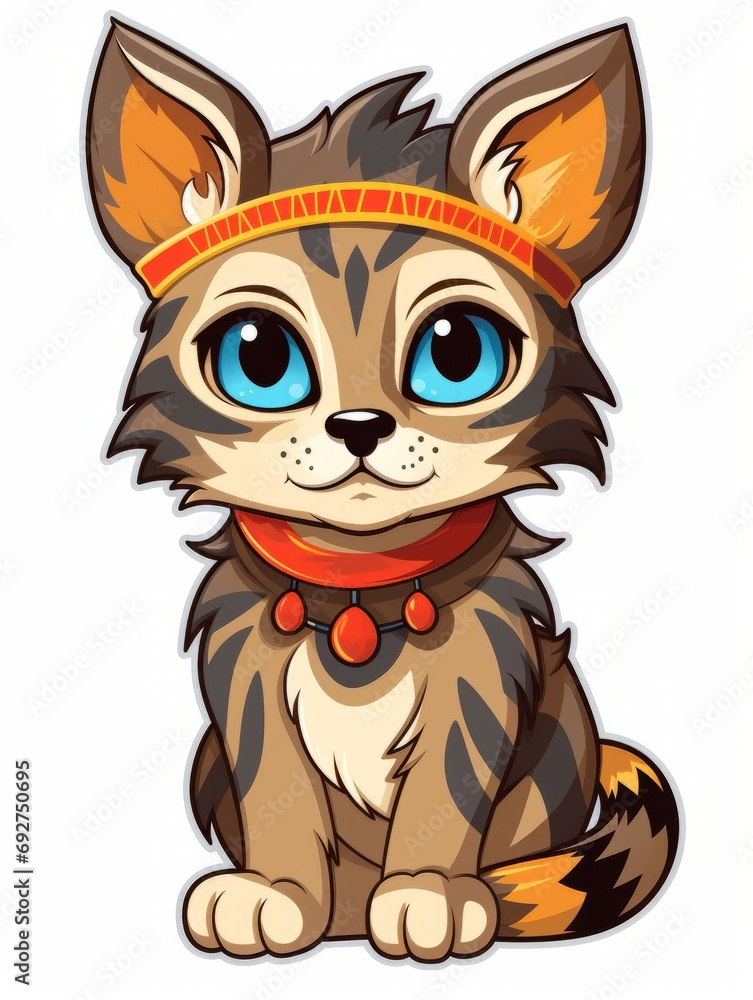 Cartoon sticker sweet kitten dressed in Native Americans costume, AI