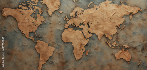 A high-resolution portrayal of a 3D wall texture with a detailed, vintage world map design. 8k,