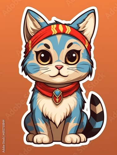 Cartoon sticker sweet kitten dressed in Native Americans costume  AI
