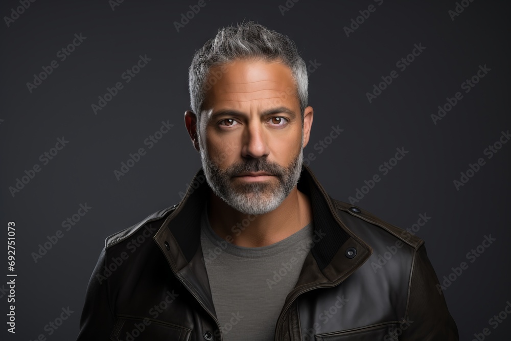 Portrait of a handsome mature man in a leather jacket on a dark background. Portrait of a handsome mature man in a leather jacket on a dark background.