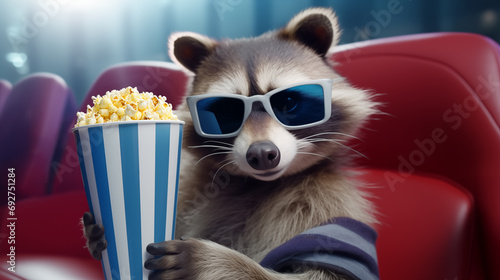 A laid-back raccoon with cool blue sunglasses, casually holding a large popcorn bucket, seated in a luxurious red leather cinema chair. High quality illustration