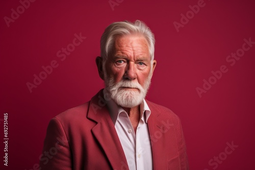 Portrait of an old man with grey hair and beard. Isolated on red background.