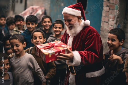 Santa Claus giving christmas gift to children in the city with comeliness photo