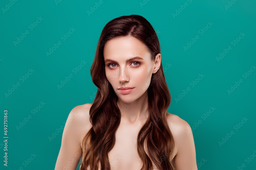 Photo of charming sweet young lady naked shoulders enjoying care procedures isolated green color background Photo of charming sweet young lady naked shoulders enjoying care procedures isolated green color background