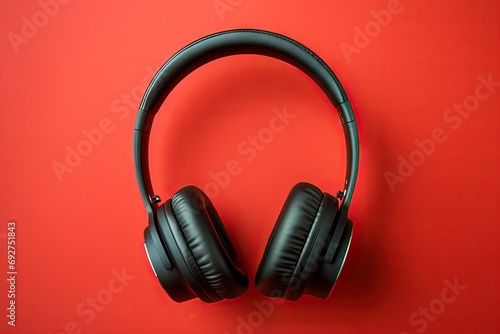 concept Minimal background red headphones Black earphones music audio levitation lifestyle lay object flat top view colours modern table hipster space style desk design creative business headset