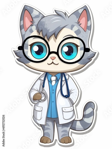 Cartoon sticker sweet kitten dressed as a doctor, AI