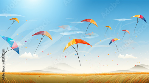 Happy Makar Sankranti Hindu holiday dedicated to sun deity Surya, colorful flying kites being flown, time for expressing gratitude and celebrating harvest season. banner, copy space, greeting card. photo