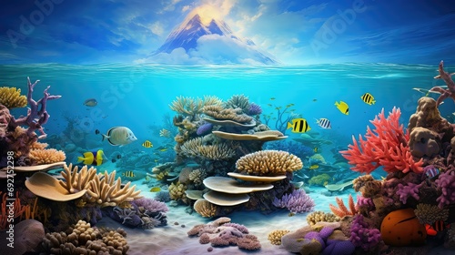ocean coral island atoll illustration marine paradise  tropical diving  reef turquoise ocean coral island atoll