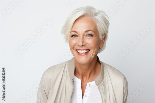 Happy senior woman with short white hair, isolated on grey background.