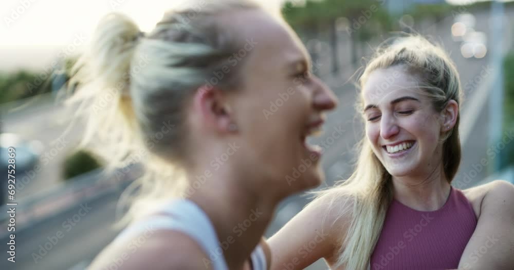 Women, friends and laughing outdoor for fitness break with exercise, workout and training on city bridge. Athlete, people or wellness joke with comedy, funny conversation or talking for healthy body Women, friends and laughing outdoor for fitness break with exercise, workout and training on city bridge. Athlete, people or wellness joke with comedy, funny conversation or talking for healthy body