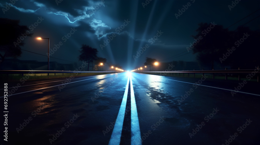 Night Empty Car Road with Roadside Lights. 