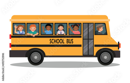 Group kids students boys and girls go to school riding school bus