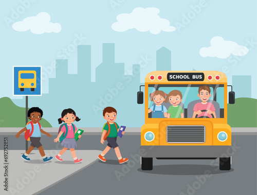 Group kids students boys and girls go to school entering school bus photo