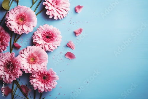 style lay Fl border Floral view top table pastel blue flowers pink spring Beautiful flower blossom 8 march woman birthday wedding mother day gerbera bouquet background desk fashion holiday greeting photo