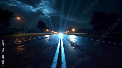 Night Empty Car Road with Roadside Lights. 