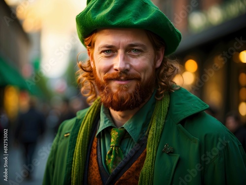 Portrait of ginger man with orange beard in St. Patrick's green costume, festive fashion background, 