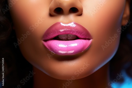 up close Lips bodily Sexy woman black beautiful Portrait background light neon girl Fashionable Makeup Closeup lip make-up mouth fashion beauty face young skin smile eye white glamour teeth model photo