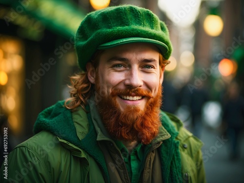 Portrait of ginger man with orange beard in St. Patrick's green costume, festive fashion background, 