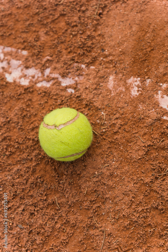 tennis ball on a clay tennis court. Close up. Competitive individual Sports concept