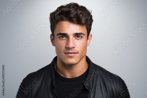 Portrait of a handsome young man in black leather jacket on grey background