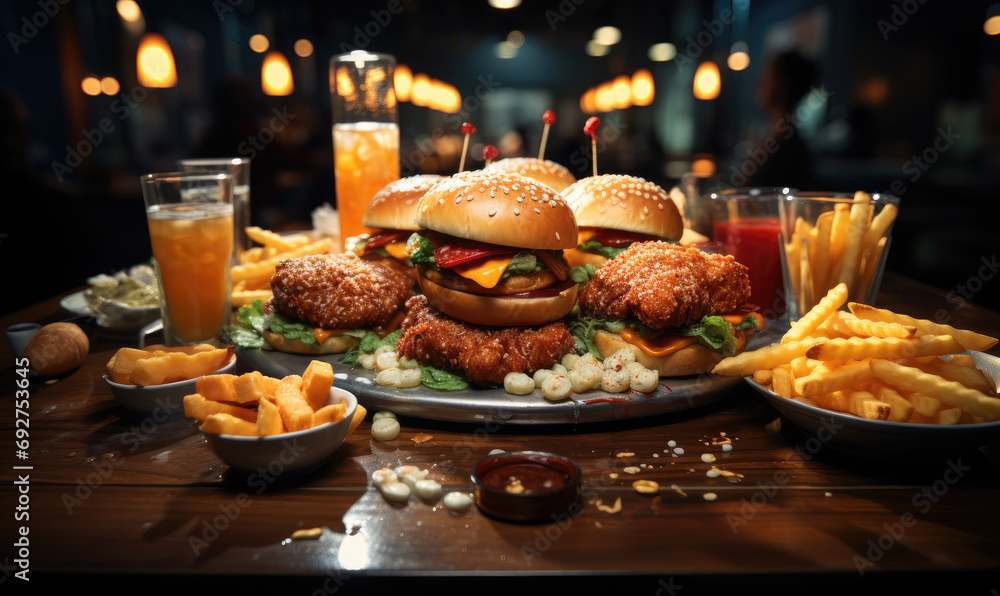A delicious spread of classic american fast food, with juicy burgers and crispy fries, laid out on a table for a satisfying meal full of indulgence and nostalgia