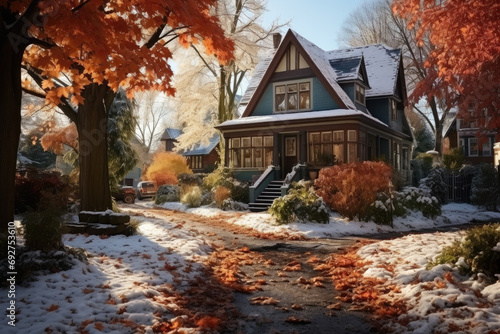 A cozy winter home nestled amongst the snow-covered ground and surrounded by colorful deciduous trees under a clear autumn sky