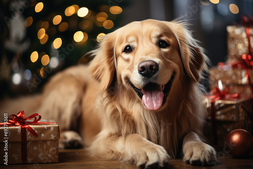 A loyal golden retriever eagerly awaits the joy and warmth of christmas morning, nestled beside a festive present and a majestic tree, embodying the true spirit of the holiday season