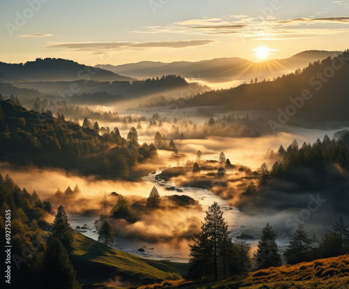 As the sun rises over the misty valley, a serene river winds through a lush landscape of towering trees and rolling hills, casting a golden glow upon the tranquil scene