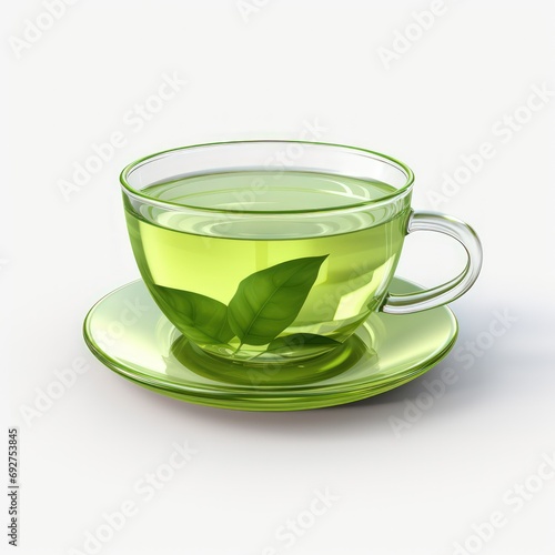 A cup of green tea on a transparent glass cup. 3d cup of green tea.