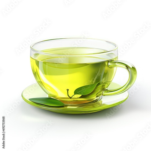 A cup of green tea on a transparent glass cup. 3d cup of green tea.