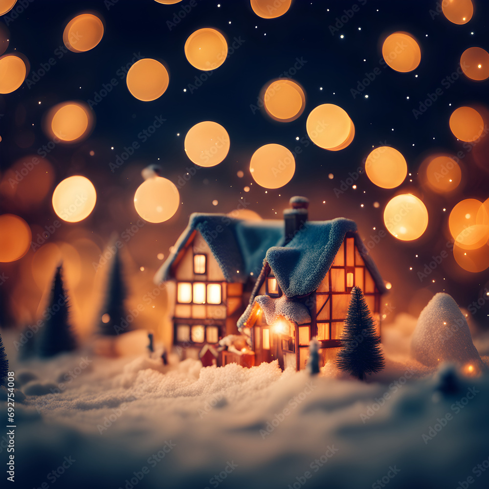 Fototapeta premium Christmas house in snow and bokeh