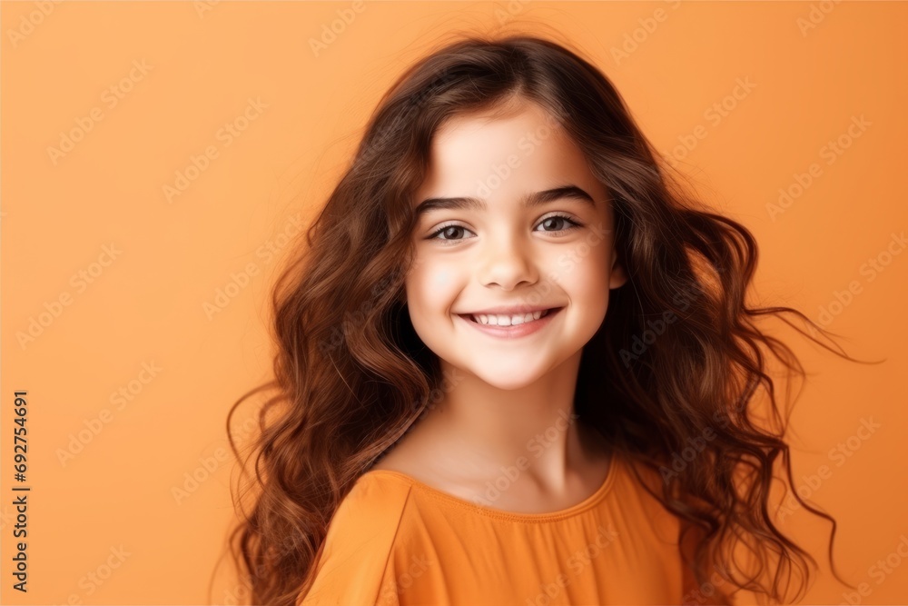 Portrait of a beautiful young girl with long curly hair over orange background Portrait of a beautiful young girl with long curly hair over orange background