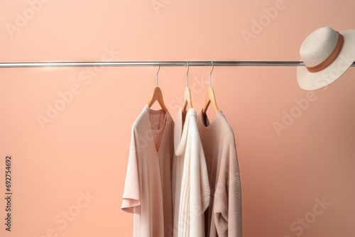 background color trendy hangers clothes beige Apricot cardigan casual attire clothing colours colourful design fabric fashion female feminine furniture hanger hanging hat knitted nobody object