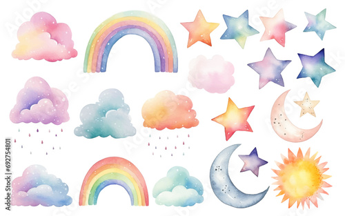 Set of watercolor rainbow clouds sun moon stars. Fantasy pastel color. Vector nursery elements